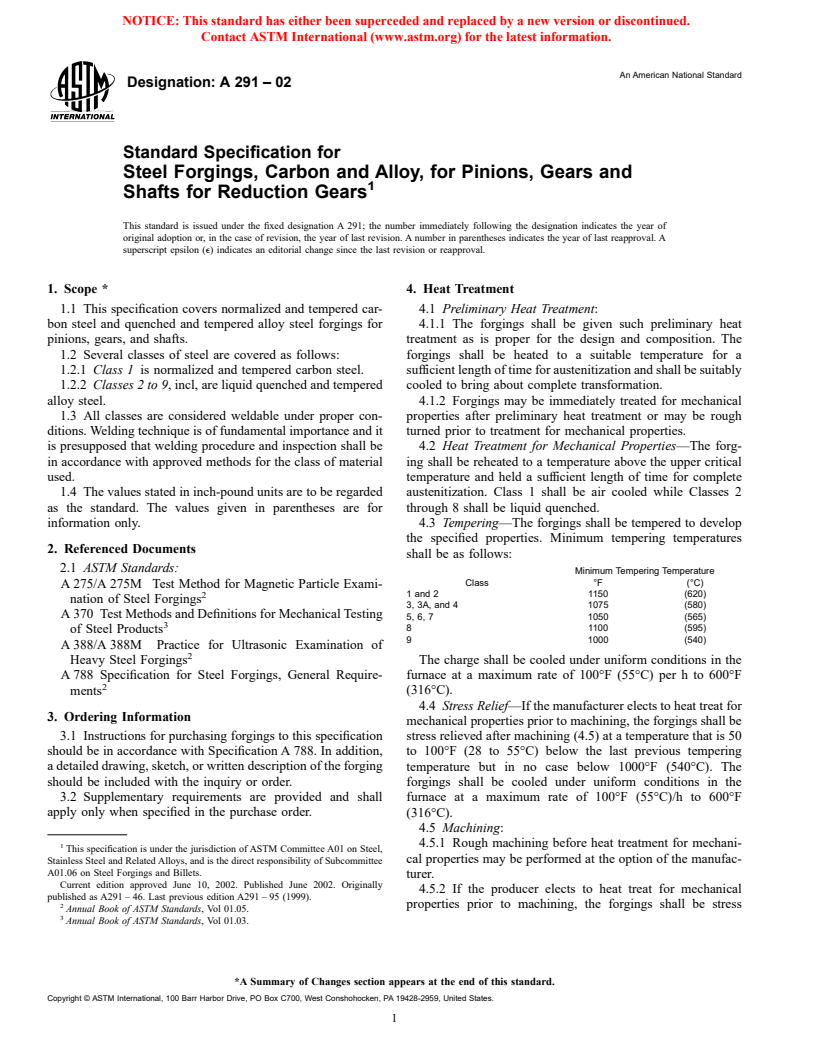 ASTM A291-02 - Standard Specification for Steel Forgings, Carbon and Alloy, for Pinions, Gears and Shafts for Reduction Gears