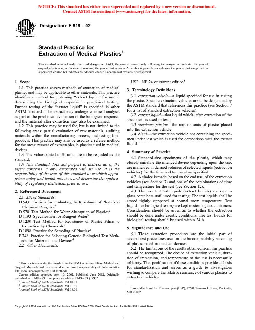 ASTM F619-02 - Standard Practice for Extraction of Medical Plastics