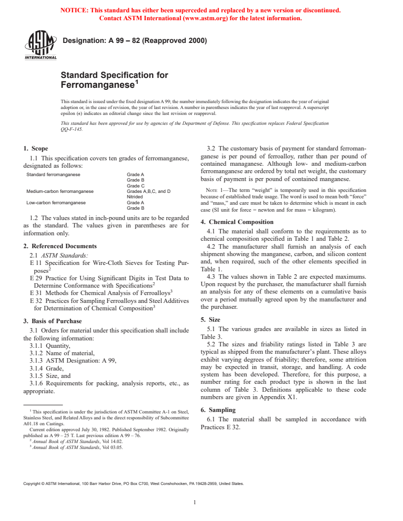 ASTM A99-82(2000) - Standard Specification for Ferromanganese