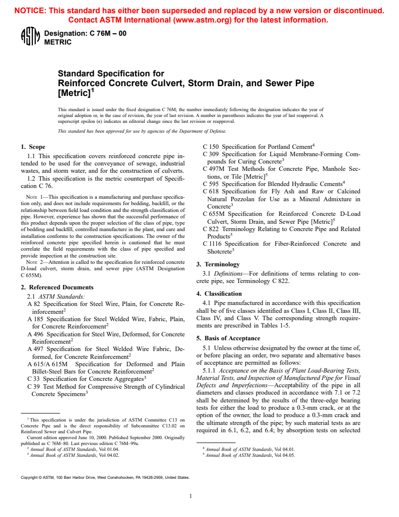 ASTM C76M-00 - Standard Specification for Reinforced Concrete Culvert, Storm Drain, and Sewer Pipe (Metric)