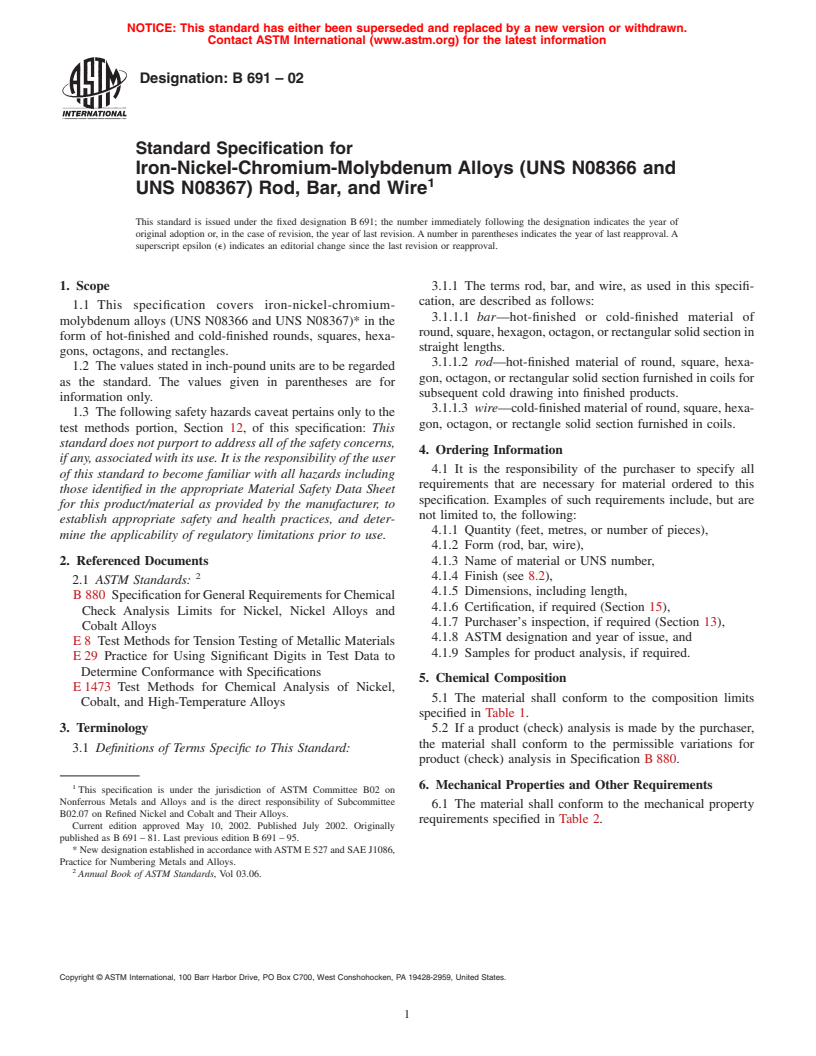 ASTM B691-02 - Standard Specification for Iron-Nickel-Chromium-Molybdenum Alloys (UNS N08366 and UNS N08367) Rod, Bar, and Wire