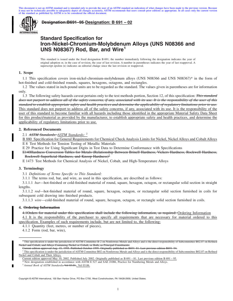 REDLINE ASTM B691-02 - Standard Specification for Iron-Nickel-Chromium-Molybdenum Alloys (UNS N08366 and UNS N08367) Rod, Bar, and Wire