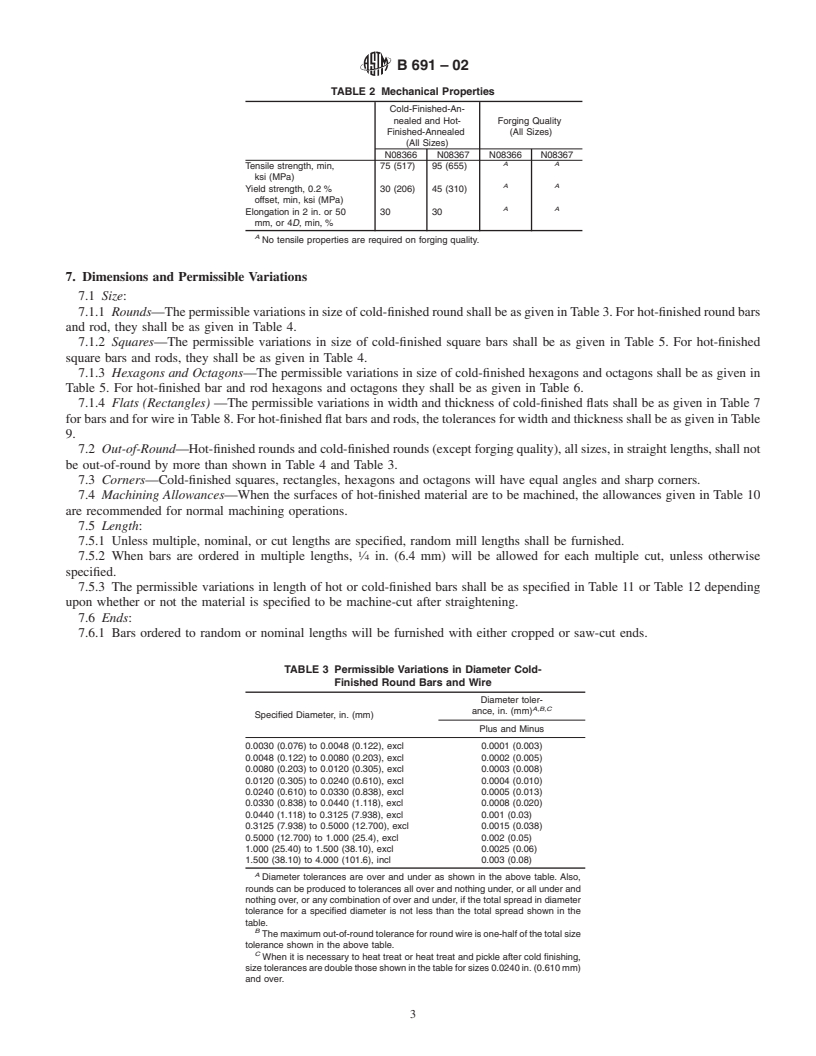 REDLINE ASTM B691-02 - Standard Specification for Iron-Nickel-Chromium-Molybdenum Alloys (UNS N08366 and UNS N08367) Rod, Bar, and Wire