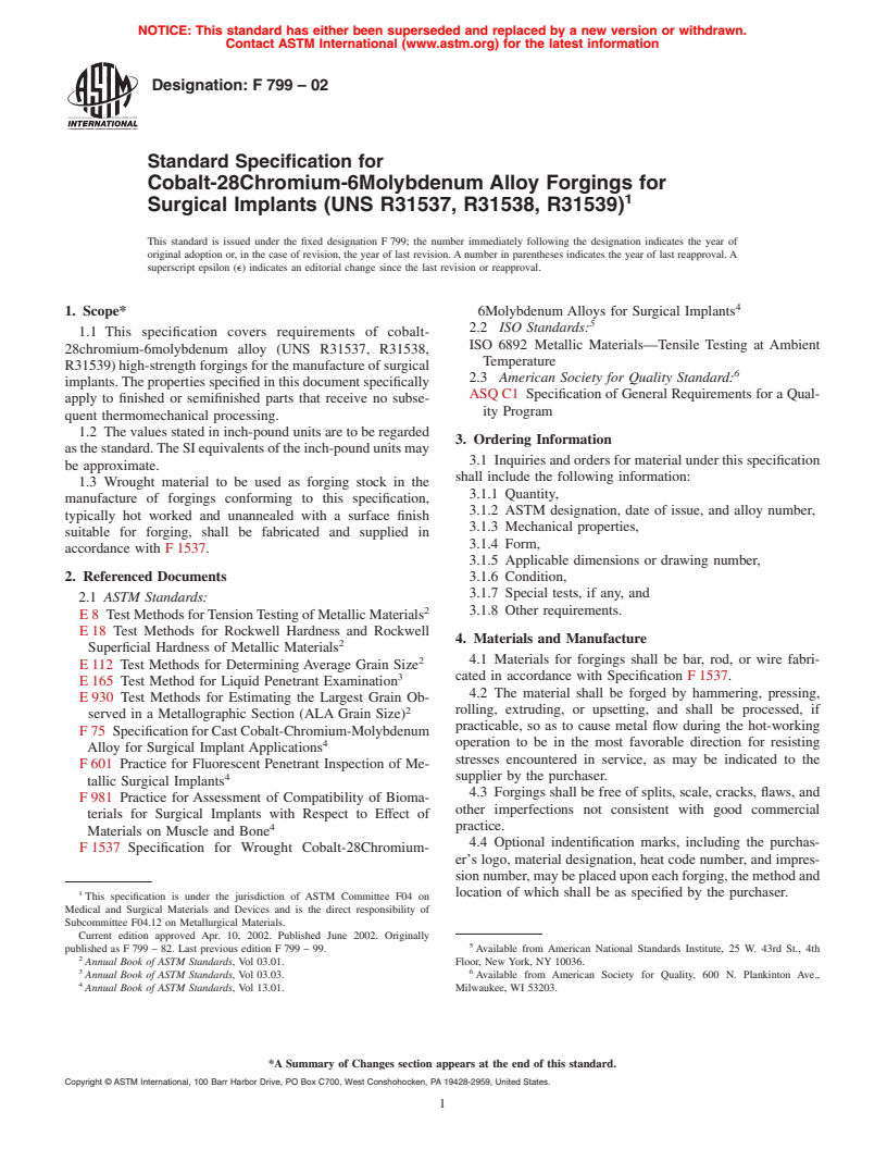 ASTM F799-02 - Standard Specification for Cobalt-28 Chromium-6 Molybdenum Alloy Forgings for Surgical Implants (UNS R31537, R31538, R31539)