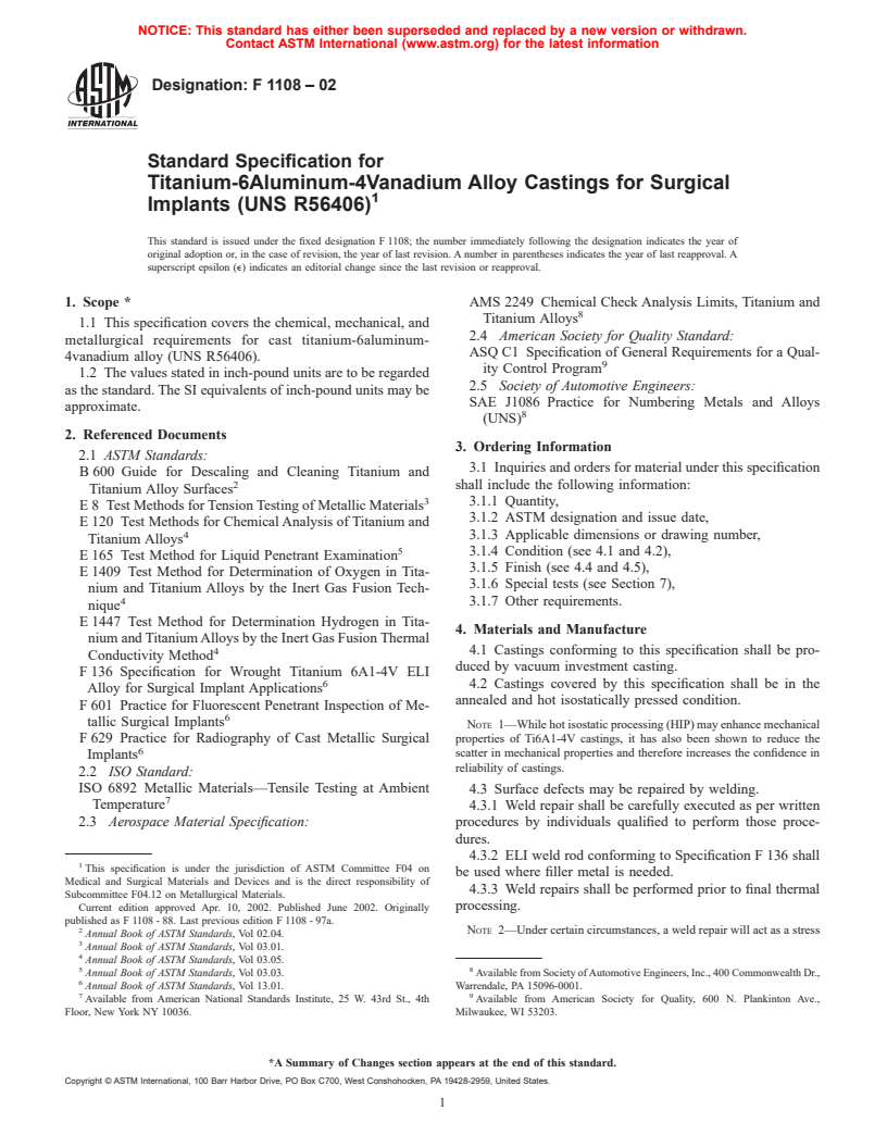 ASTM F1108-02 - Standard Specification for Titanium-6Aluminum-4Vanadium Alloy Castings for Surgical Implants (UNS R56406)