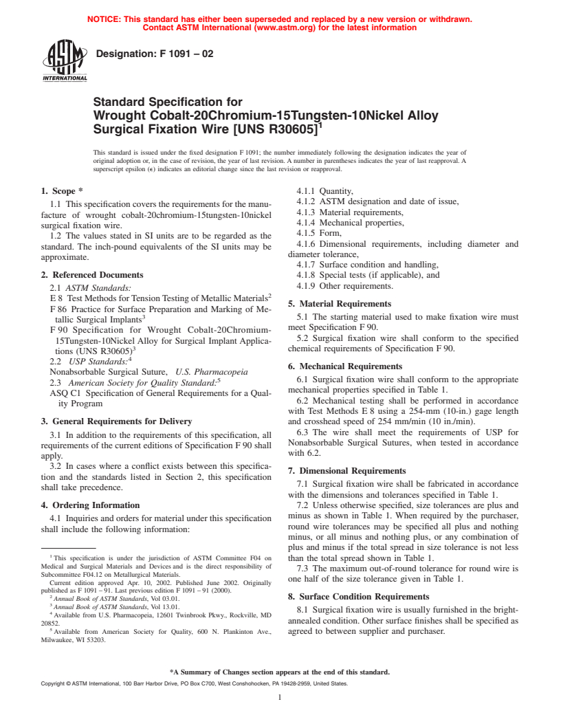 ASTM F1091-02 - Standard Specification for Wrought Cobalt-20 Chromium-15 Tungsten-10 Nickel Alloy Surgical Fixation Wire (UNS R30605)