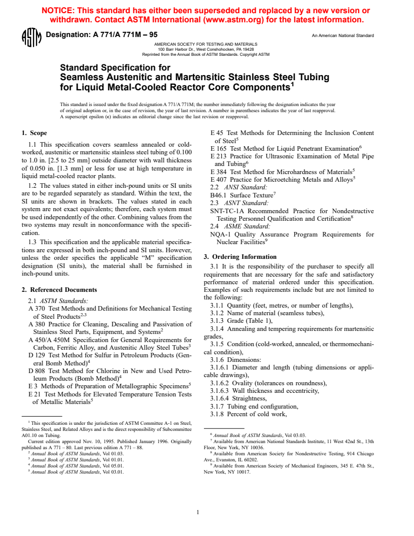 ASTM A771/A771M-95 - Standard Specification for Seamless Austenitic and Martensitic Stainless Steel Tubing for Liquid Metal-Cooled Reactor Core Components