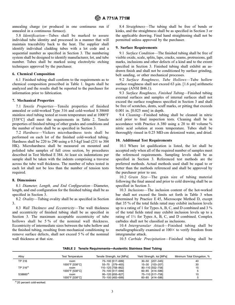 ASTM A771/A771M-95 - Standard Specification for Seamless Austenitic and Martensitic Stainless Steel Tubing for Liquid Metal-Cooled Reactor Core Components