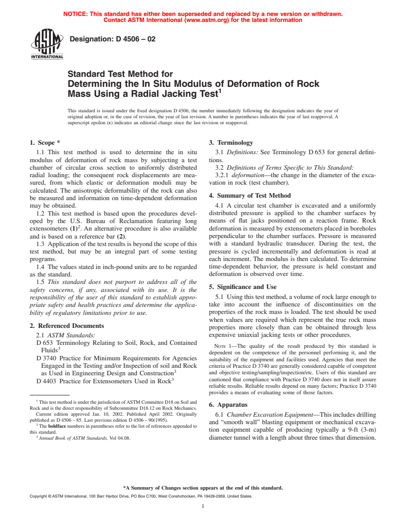 ASTM D4506-02 - Standard Test Method for Determining the In Situ Modulus of Deformation of Rock Mass Using a Radial Jacking Test