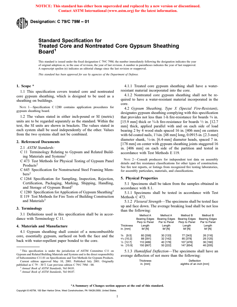 ASTM C79/C79M-01 - Standard Specification for Treated Core and Nontreated Core Gypsum Sheathing Board