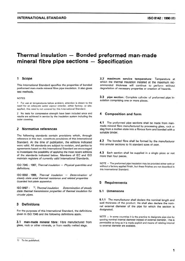 ISO 8142:1990 - Thermal insulation -- Bonded preformed man-made mineral fibre pipe sections -- Specification