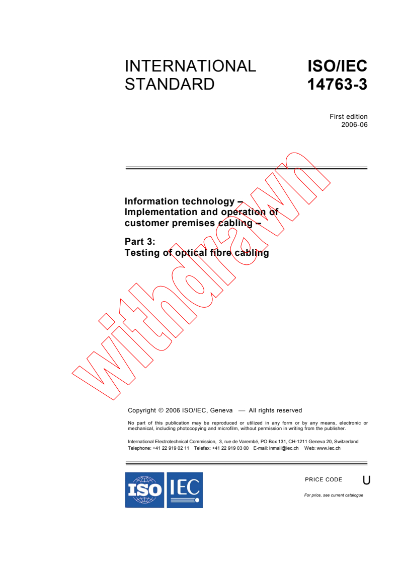 ISO/IEC 14763-3:2006 - Information technology - Implementation and operation of customer premises cabling - Part 3: Testing of optical fibre cabling
Released:6/22/2006
Isbn:2831886937