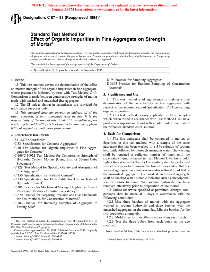 ASTM C87-83(1995)e1 - Standard Test Method for Effect of Organic Impurities in Fine Aggregate on Strength of Mortar