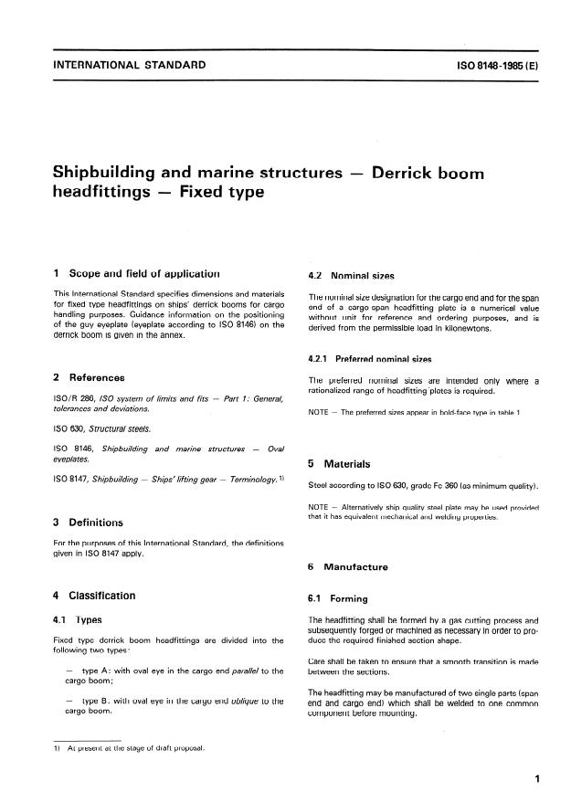 ISO 8148:1985 - Shipbuilding and marine structures -- Derrick boom headfittings -- Fixed type