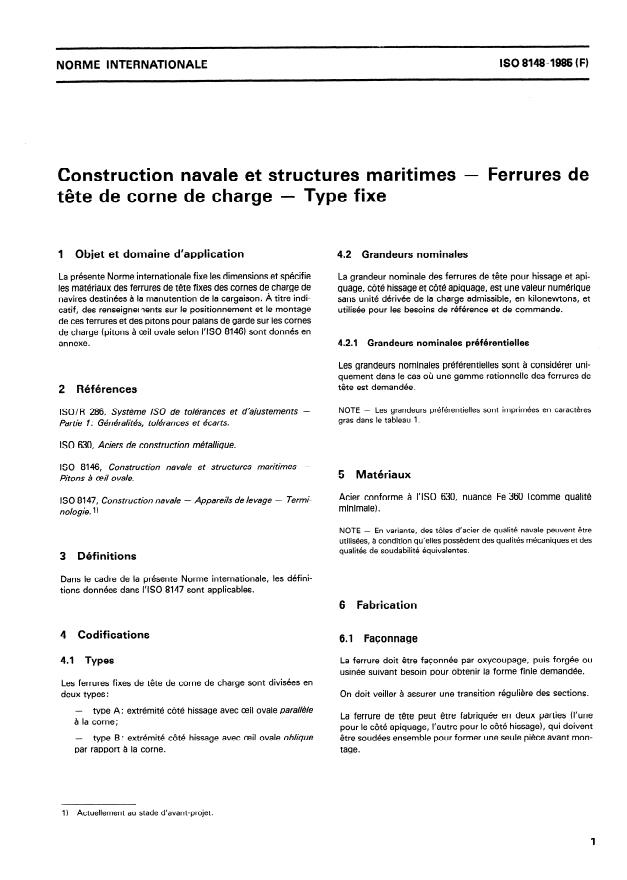 ISO 8148:1985 - Construction navale et structures maritimes -- Ferrures de tete de corne de charge -- Type fixe
