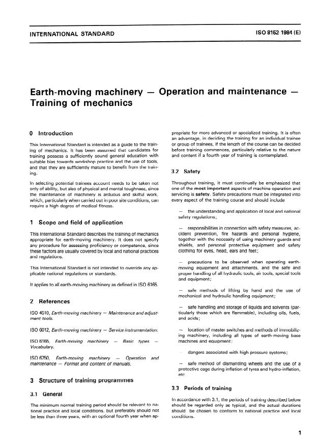ISO 8152:1984 - Earth-moving machinery -- Operation and maintenance -- Training of mechanics