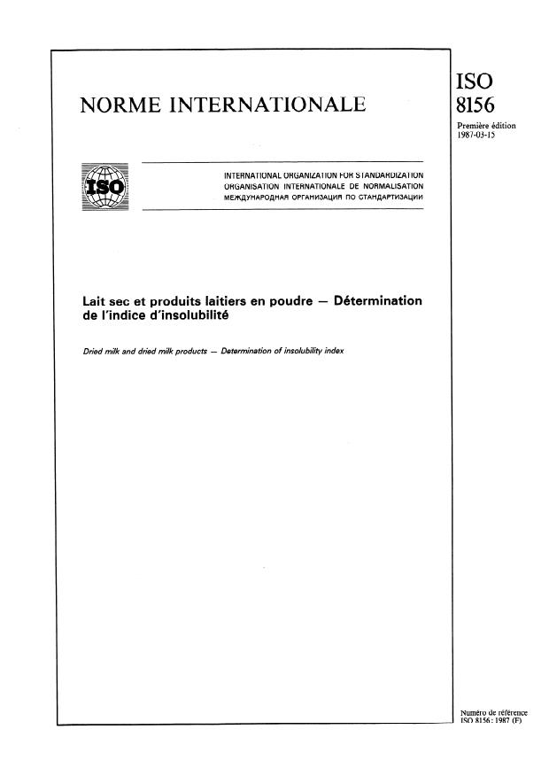 ISO 8156:1987 - Lait sec et produits laitiers en poudre -- Détermination de l'indice d'insolubilité