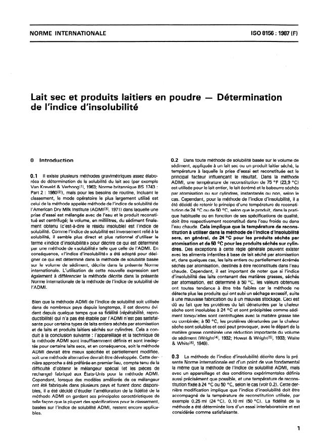 ISO 8156:1987 - Lait sec et produits laitiers en poudre -- Détermination de l'indice d'insolubilité
