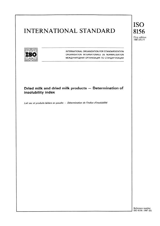 ISO 8156:1987 - Dried milk and dried milk products -- Determination of insolubility index
