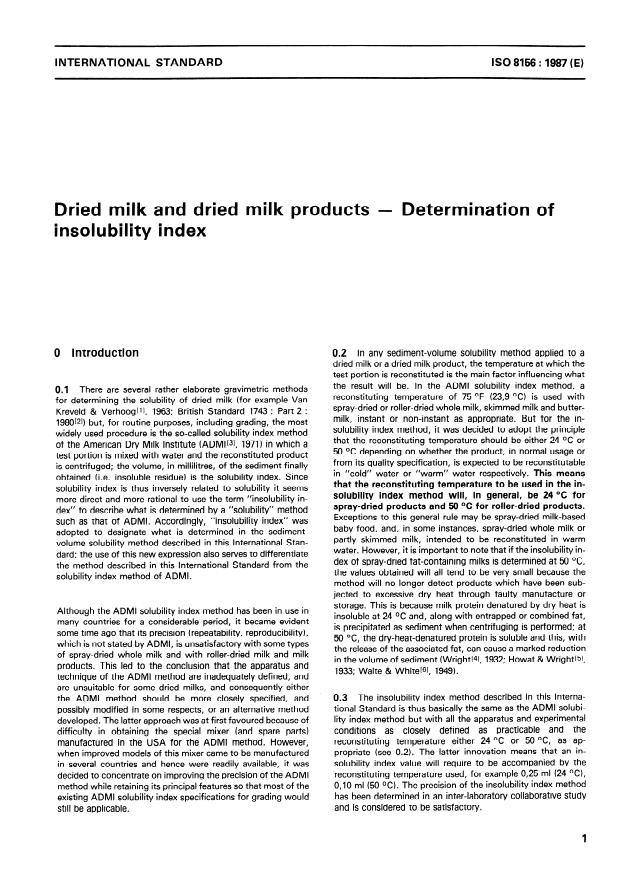 ISO 8156:1987 - Dried milk and dried milk products -- Determination of insolubility index
