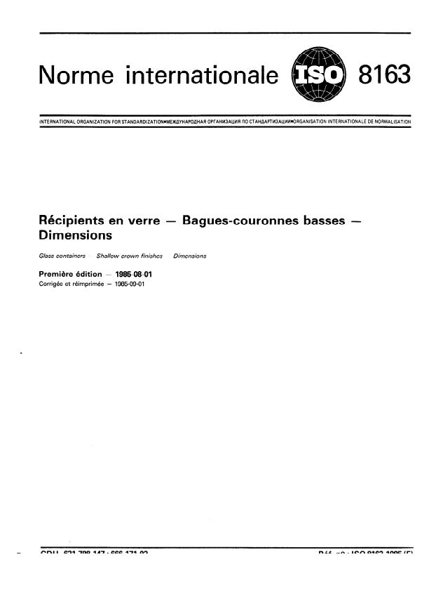 ISO 8163:1985 - Récipients en verre -- Bagues-couronnes basses -- Dimensions