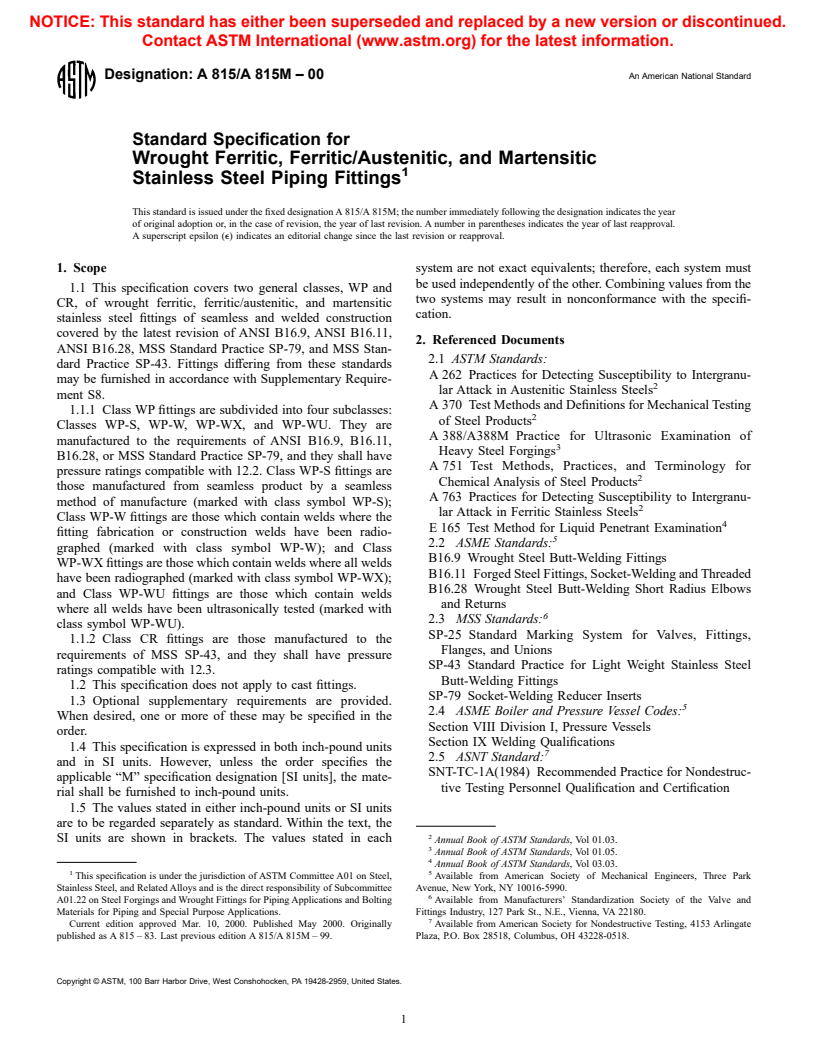 ASTM A815/A815M-00 - Standard Specification for Wrought Ferritic, Ferritic/Austenitic, and Martensitic Stainless Steel Piping Fittings