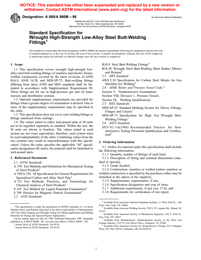 ASTM A860/A860M-96 - Standard Specification for Wrought High-Strength Low-Alloy Steel Butt-Welding Fittings