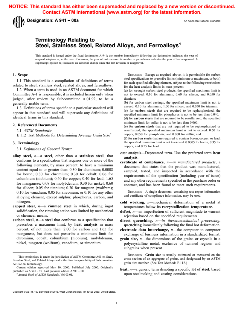 ASTM A941-00a - Standard Terminology Relating to Steel, Stainless Steel, Related Alloys, and Ferroalloys