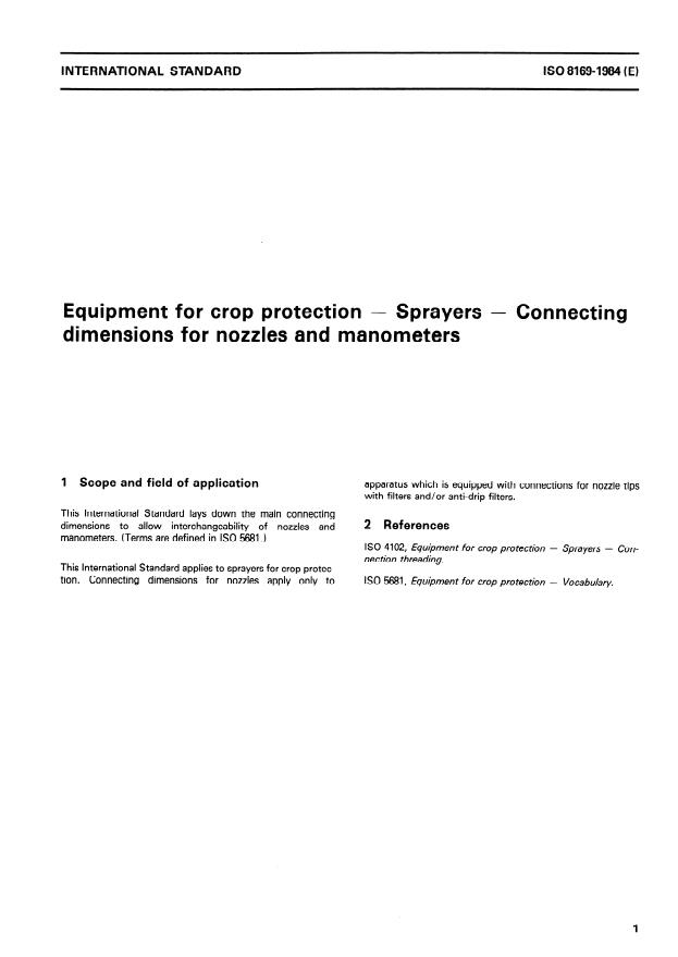 ISO 8169:1984 - Equipment for crop protection -- Sprayers -- Connecting dimensions for nozzles and manometers