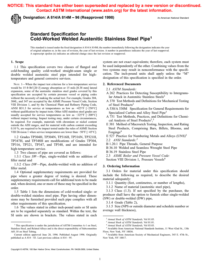 ASTM A814/A814M-96(1998) - Standard Specification for Cold-Worked Welded Austenitic Stainless Steel Pipe