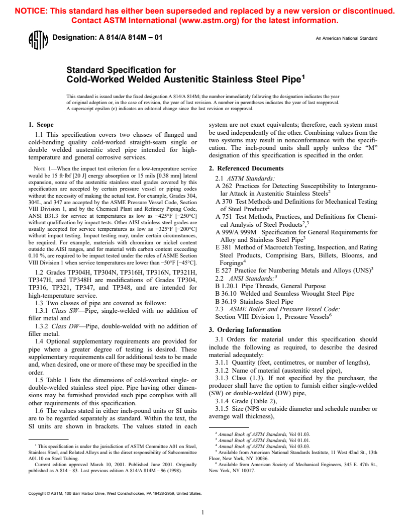 ASTM A814/A814M-01 - Standard Specification for Cold-Worked Welded Austenitic Stainless Steel Pipe