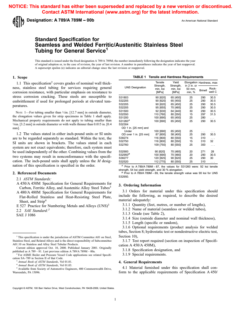 ASTM A789/A789M-00b - Standard Specification for Seamless and Welded Ferritic/Austenitic Stainless Steel Tubing for General Service