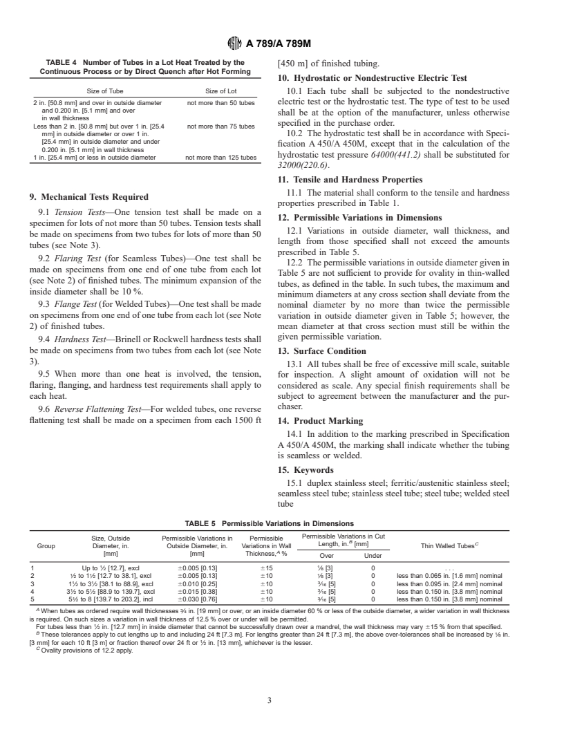 ASTM A789/A789M-00b - Standard Specification for Seamless and Welded Ferritic/Austenitic Stainless Steel Tubing for General Service