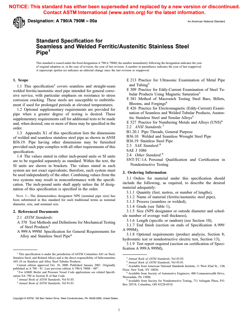 ASTM A790/A790M-00a - Standard Specification for Seamless and Welded Ferritic/Austenitic Stainless Steel Pipe