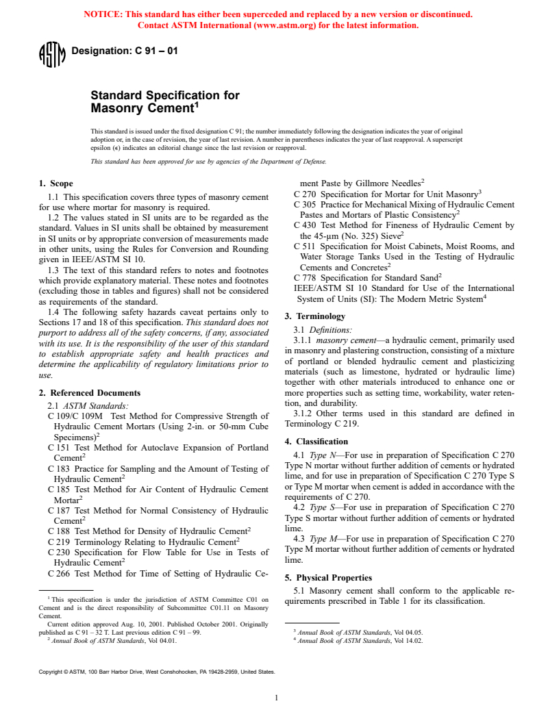 ASTM C91-01 - Standard Specification for Masonry Cement