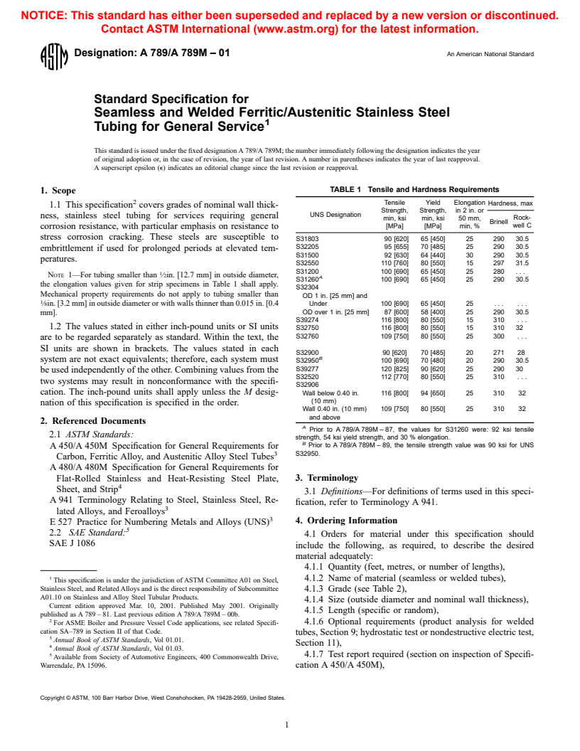 ASTM A789/A789M-01 - Standard Specification for Seamless and Welded Ferritic/Austenitic Stainless Steel Tubing for General Service