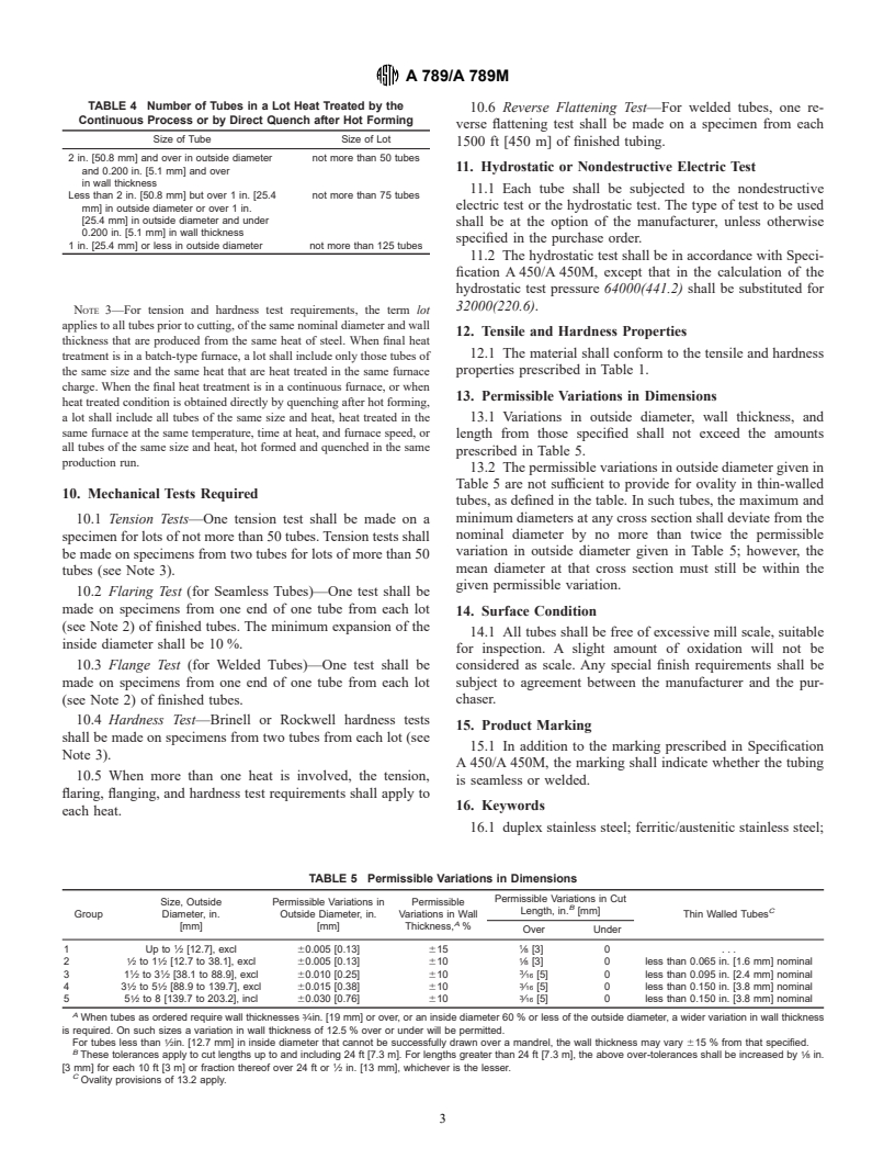 ASTM A789/A789M-01 - Standard Specification for Seamless and Welded Ferritic/Austenitic Stainless Steel Tubing for General Service