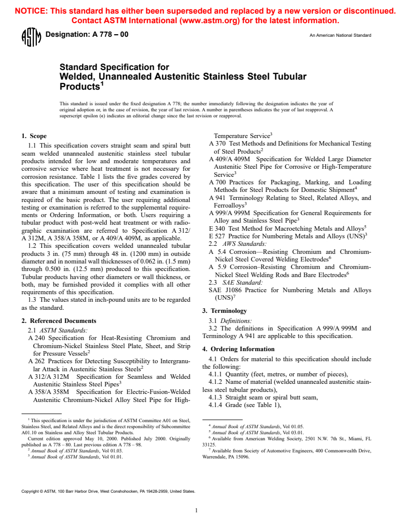 ASTM A778-00 - Standard Specification for Welded, Unannealed Austenitic Stainless Steel Tubular Products