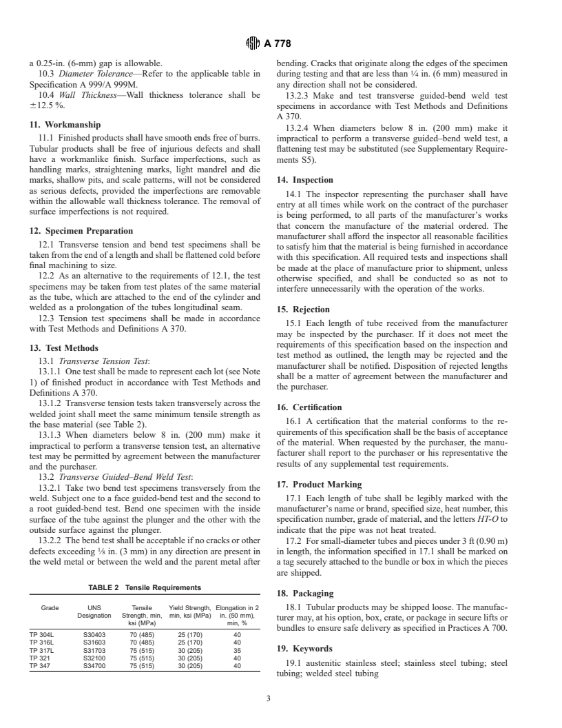 ASTM A778-00 - Standard Specification for Welded, Unannealed Austenitic Stainless Steel Tubular Products