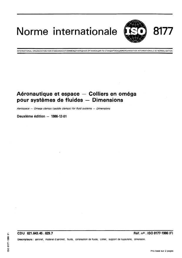 ISO 8177:1986 - Aéronautique et espace -- Colliers en oméga pour systemes de fluides -- Dimensions