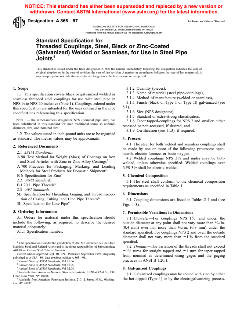 ASTM A865-97 - Standard Specification for Threaded Couplings, Steel, Black or Zinc-Coated (Galvanized) Welded or Seamless, for Use in Steel Pipe Joints