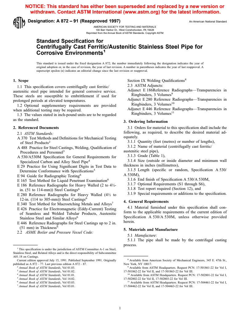 ASTM A872-91(1997) - Standard Specification for Centrifugally Cast Ferritic/Austenitic Stainless Steel Pipe for Corrosive Environments