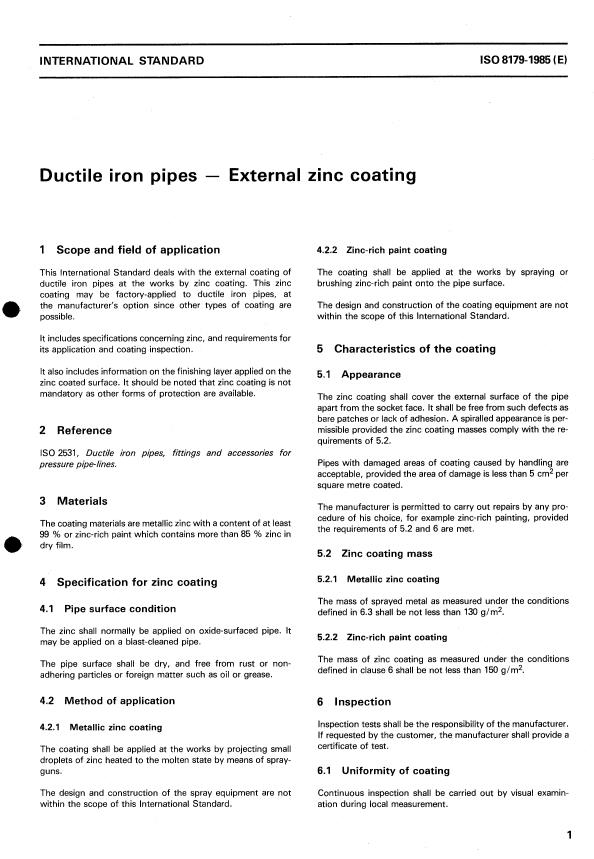 ISO 8179:1985 - Ductile iron pipes -- External zinc coating