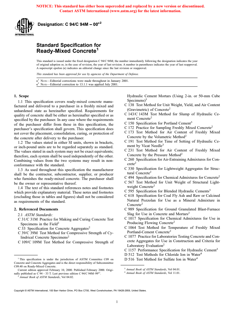 ASTM C94/C94M-00e2 - Standard Specification for Ready-Mixed Concrete