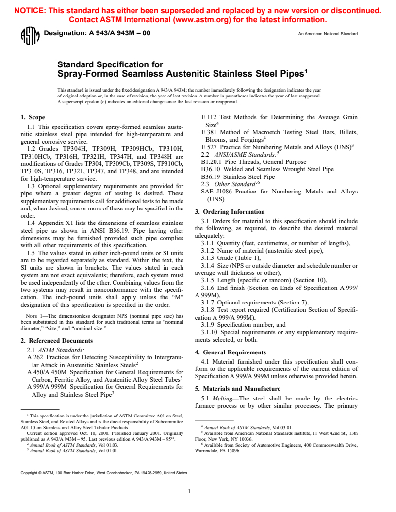 ASTM A943/A943M-00 - Standard Specification for Spray-Formed Seamless Austenitic Stainless Steel Pipes