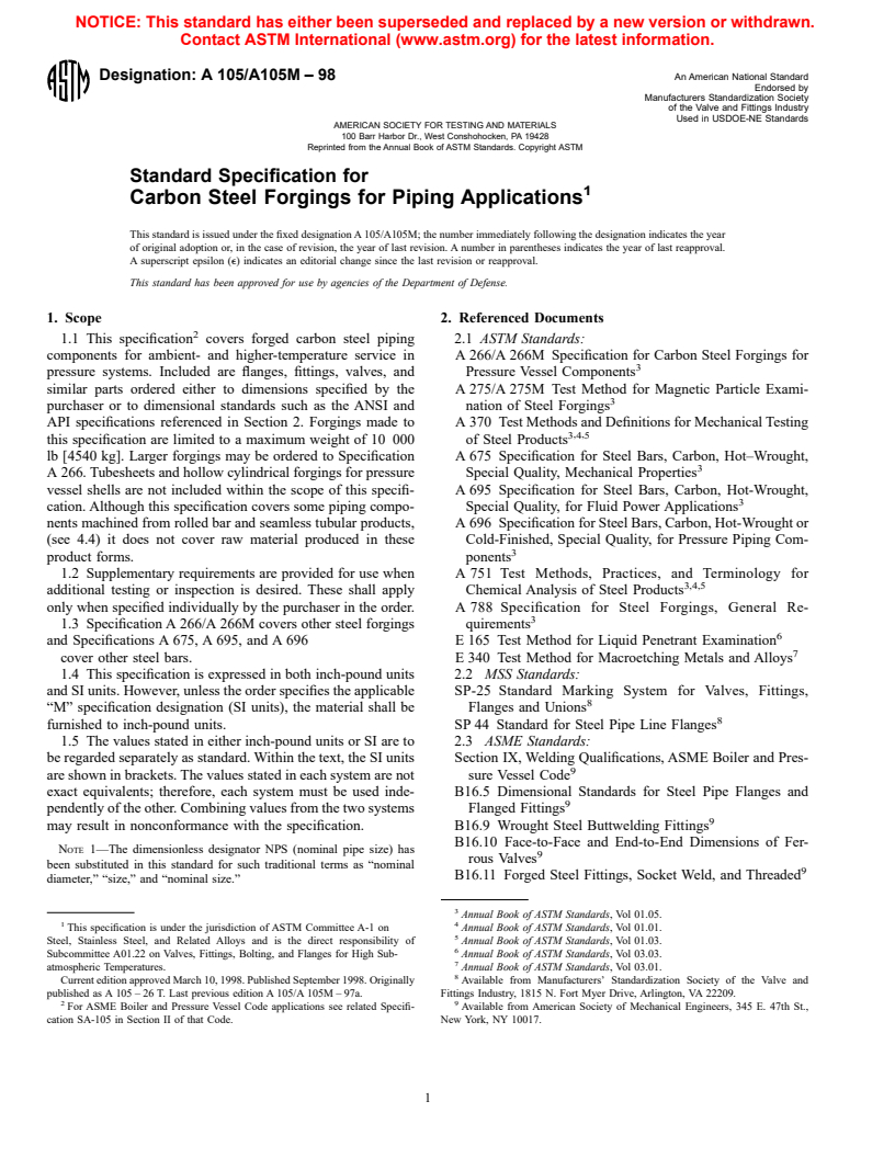 ASTM A105/A105M-98 - Standard Specification for Carbon Steel Forgings for Piping Applications