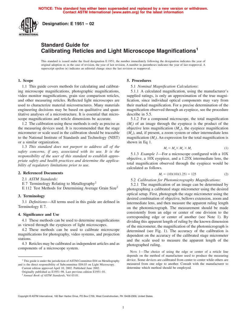 ASTM E1951-02 - Standard Guide for Calibrating Reticles and Light Microscope Magnifications