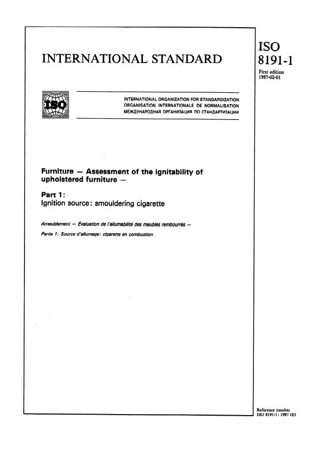 ISO 8191-1:1987 - Furniture -- Assessment of the ignitability of upholstered furniture