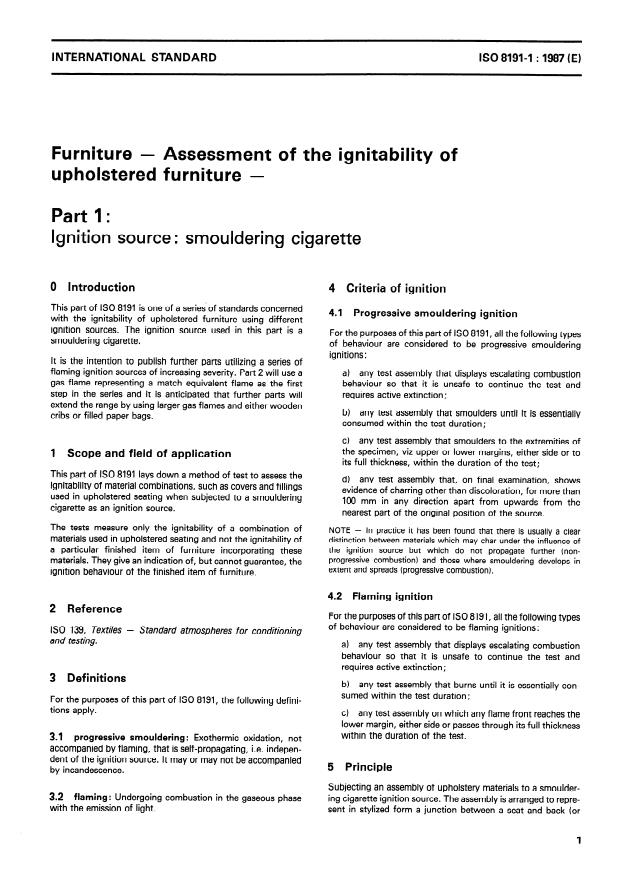 ISO 8191-1:1987 - Furniture -- Assessment of the ignitability of upholstered furniture