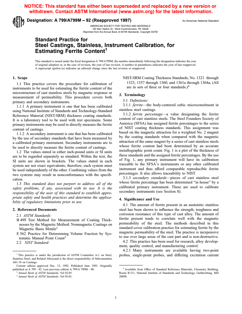 ASTM A799/A799M-92(1997) - Standard Practice for Steel Castings, Stainless, Instrument Calibration, for Estimating Ferrite Content